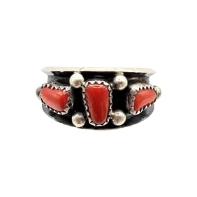 Red Coral Ring by Reed Charley, Navajo Handmade, Sterling Sz 12