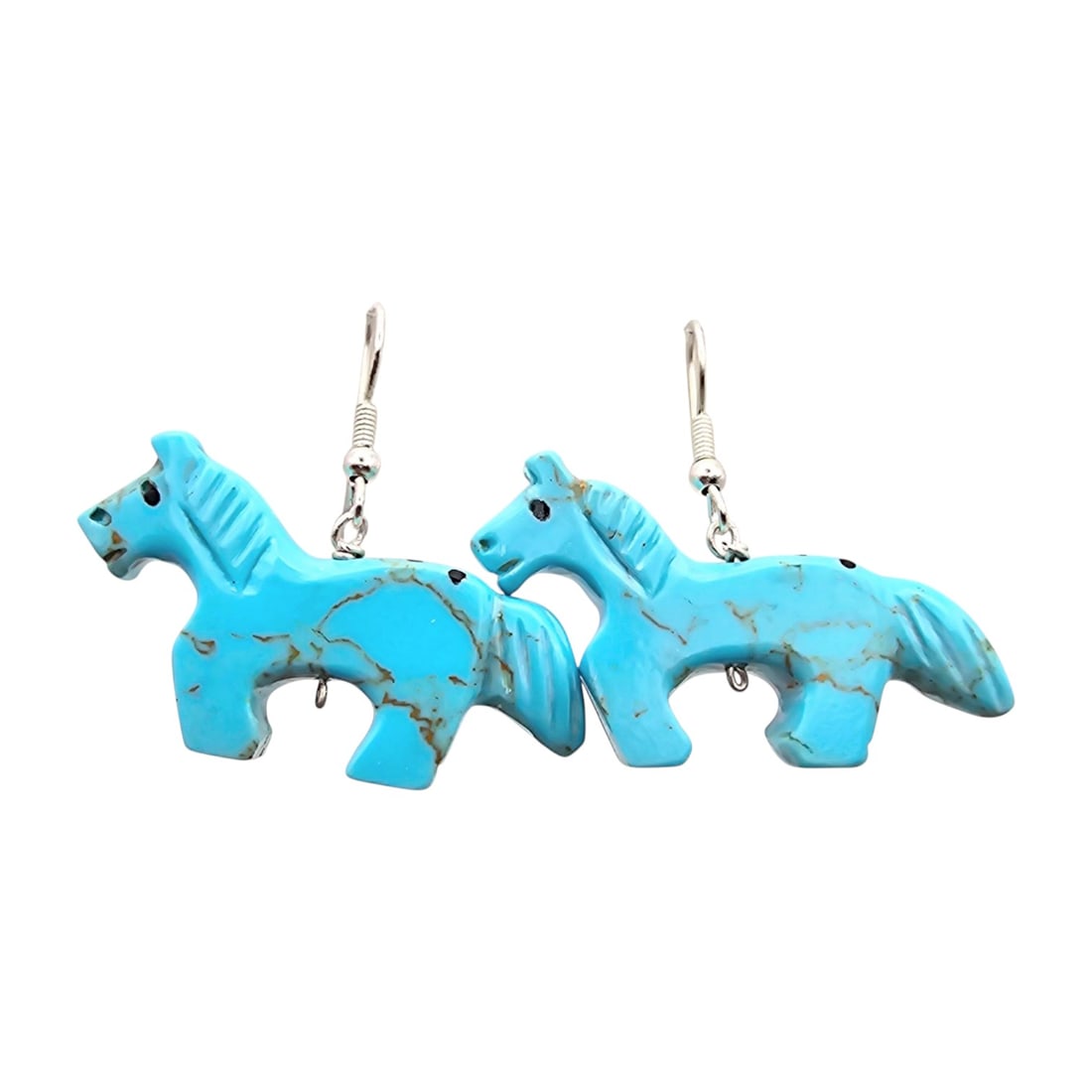 Ben Livingston Navajo Sterling Turquoise Stone Fetish Earrings: Navajo handmade turquoise stone fetish earrings by Ben Livingston, featuring horse-shaped carvings. Crafted with vibrant turquoise and accented with sterling silver ear hooks. The intricate design sho