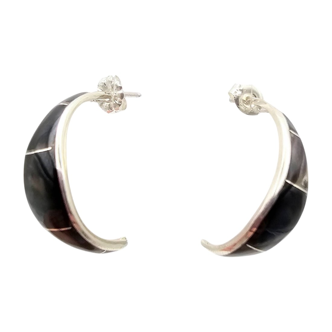 James Kee Zuni Sterling Abalone Earrings: Sterling silver hoop earrings handcrafted by Zuni artist James Kee, featuring abalone inlays. Earrings weigh 2.6 grams and are signed. Each measures approximately 1 inch in diameter. Includes post and