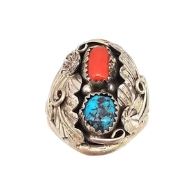 Lorena Brown Navajo Sterling Kingman Turquoise Coral Ring