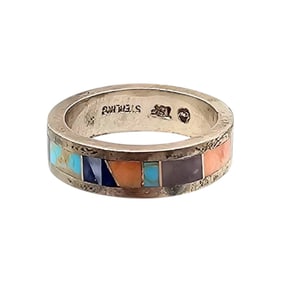 Valerie Yazzie Navajo Sterling Multi-Color Inlay Ring Sz 9.5