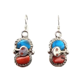 Effie Calavaza Zuni Sterling Turquoise Coral Earrings