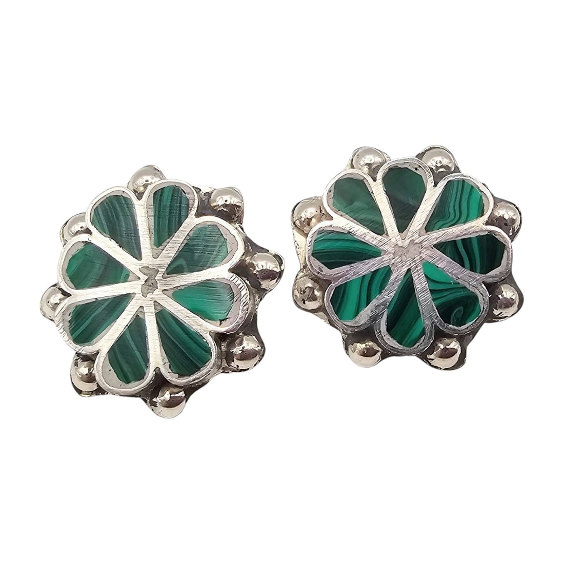 Pino Yunie Zuni Sterling Malachite Inlay Earrings: Handmade sterling silver earrings by Zuni artist Pino Yunie, featuring malachite inlays in an intricate floral design. These earrings are 6.6 grams and have a scalloped edge with post backs.