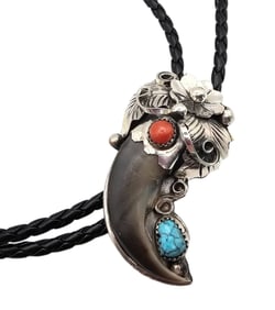 Jerry Thompson Navajo Sterling Turquoise Coral Bolo