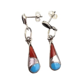 Antionetti Ahiyite Zuni Inlay Sterling Dangle Earrings