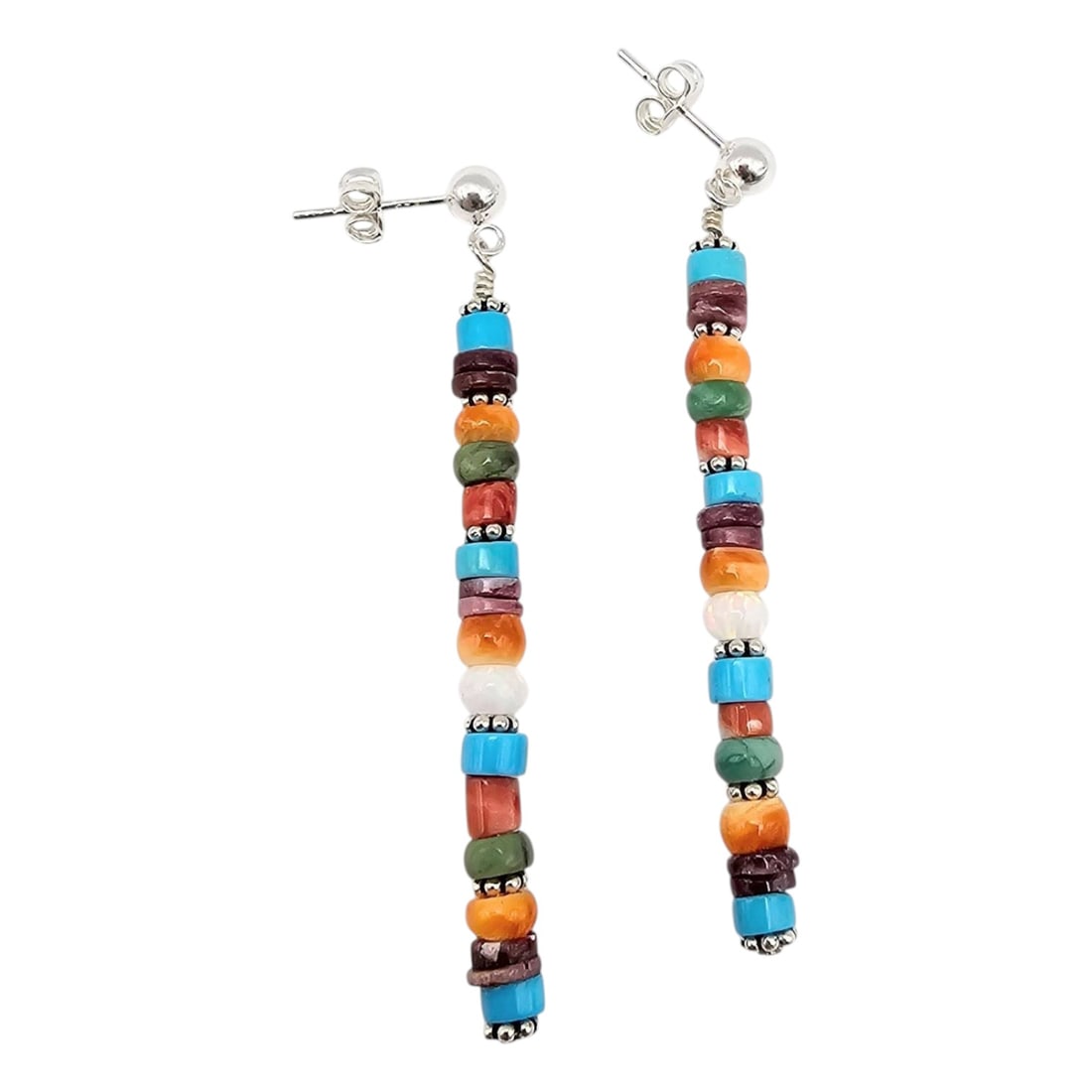 Corraine Smith Navajo Hand-Strung Multi-Stone Earrings: Navajo multi-stone hand-strung earrings made by Corraine Smith. These earrings include a vibrant assortment of beads in various colors, including turquoise, red, orange, green, and white, arranged in 