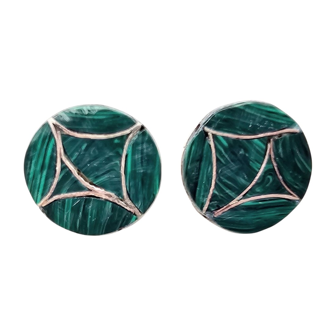 Karen Lalio Zuni Sterling Malachite Earrings: Handmade Zuni earrings by artisan Karen Lalio, crafted from sterling silver and inlaid with polished malachite stones in a distinct geometric design. Features clip-on backs for comfortable wearing. Ea