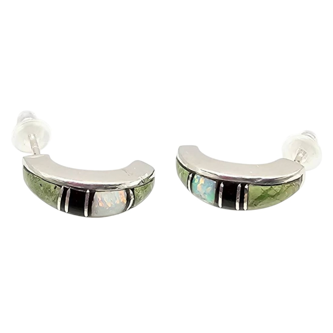 Rick Tolino Navajo Multicolor Earrings: Rick Tolino handmade Navajo earrings crafted from sterling silver. The earrings feature a crescent hoop design with multicolor inlay details and are secured with clear backings. They have a total weig