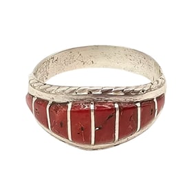 Sterling Red Coral Ring by Miranda Paynesta, Zuni Handmade Sz 9