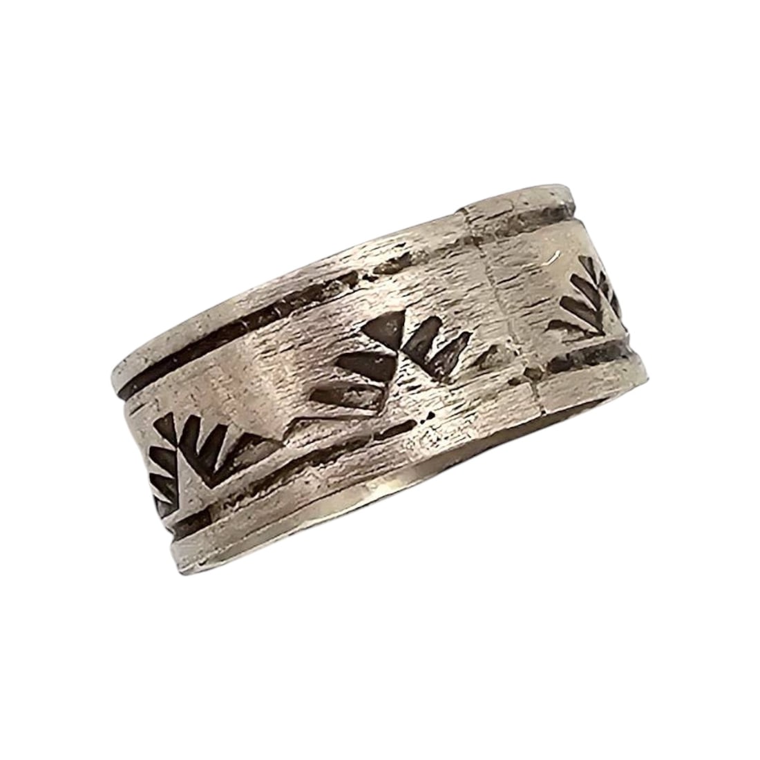 Rick Enriquez Sterling Navajo Ring Sz 10.5: Handmade sterling silver ring by Navajo artisan Rick Enriquez. The ring is size 10.5 and features traditional Navajo designs engraved around the band. It is stamped 'RE' and 'STERLING' on the interior