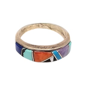 Sterling Inlay Multicolor Ring by Valerie Yazzie, Navajo Handmade Sz 7.5