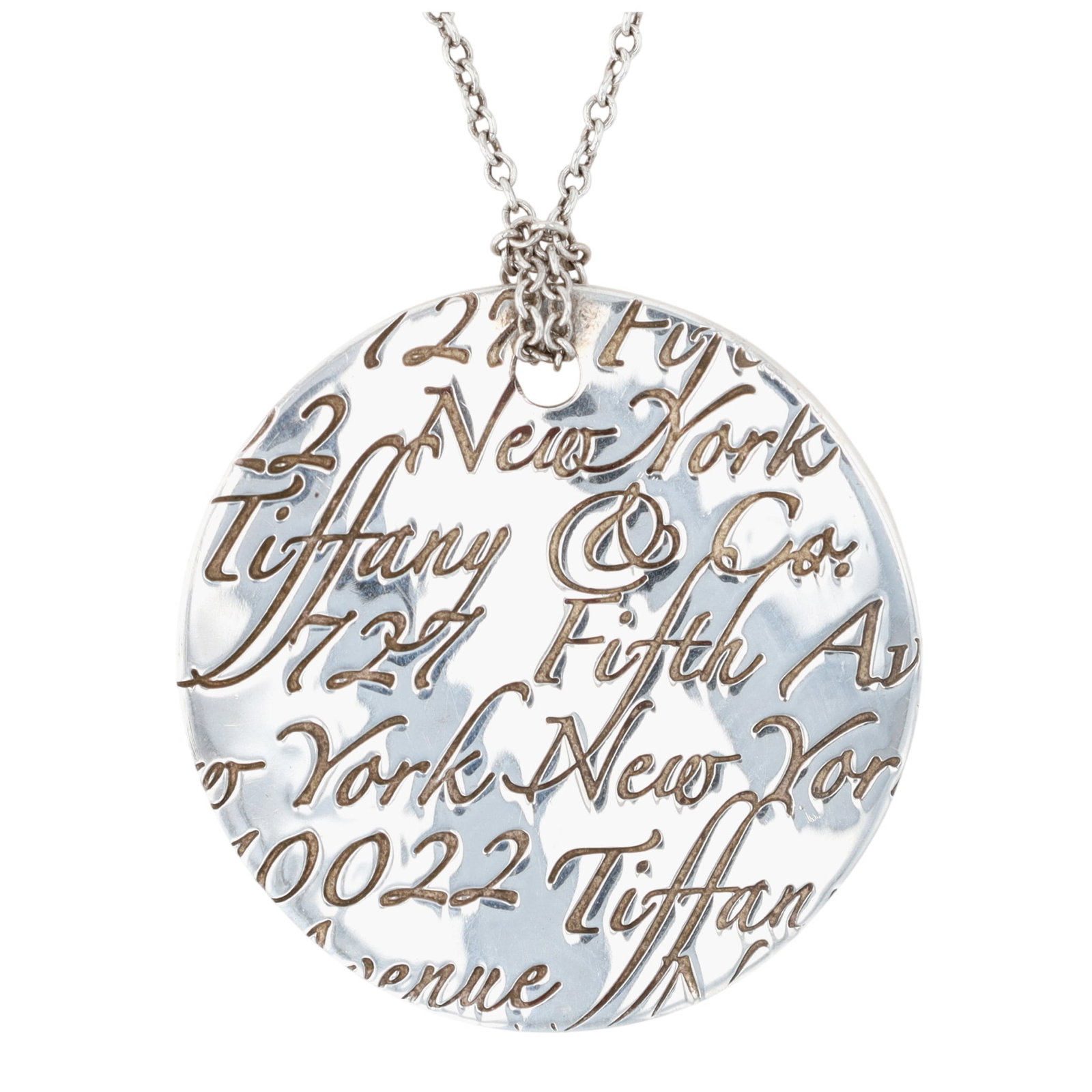 Tiffany & Co. Sterling New York Notes Necklace: Tiffany & Co. Sterling 727 Fifth Ave New York Notes Necklace | 9.2g | | approx. 17in chain length, approx. 1 in pendant| From the Notes collection that celebrates Tiffany's flagship location since 194