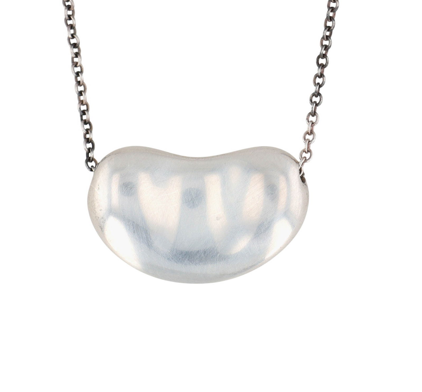 Tiffany & Co. Elsa Peretti Sterling Bean Necklace: Tiffany & Co. Elsa Peretti Sterling Bean Necklace | Bean approx 18.9mm x 11.6mm | Chain length approx 16" | 8g | Retail $575 | Comes with a Tiffany Cloth Pouch as shown