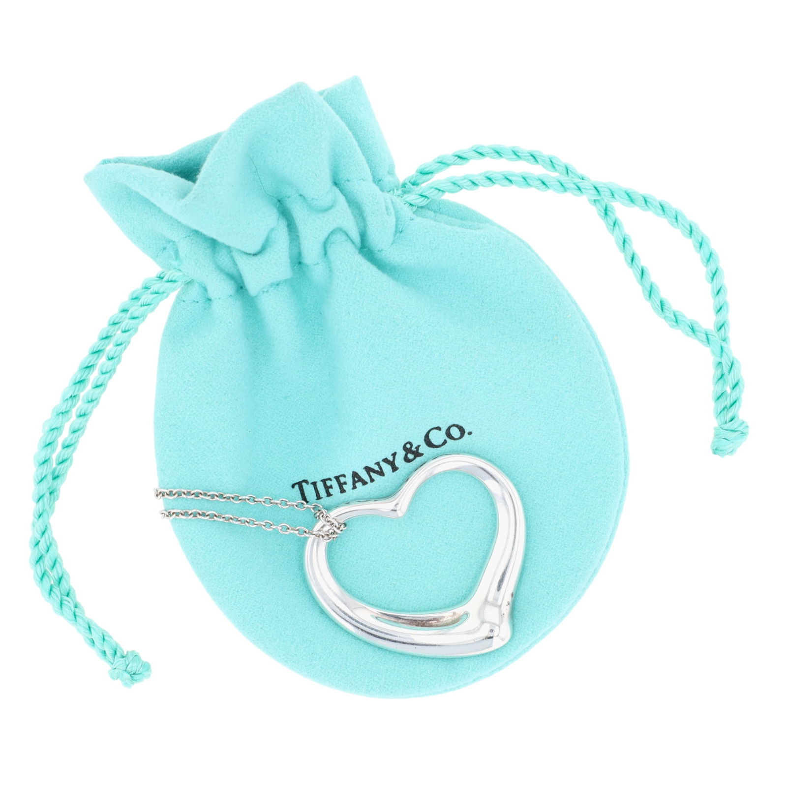 Tiffany & Co. Elsa Peretti Sterling Large Open Heart Necklace, 30": Wow! Tiffany & Co. Elsa Peretti Sterling Large Open Heart Necklace | 30" Chain | Pendant approx. 34.6mm x 30mm | 15.7g | Comes with Tiffany Cloth Pouch as shown