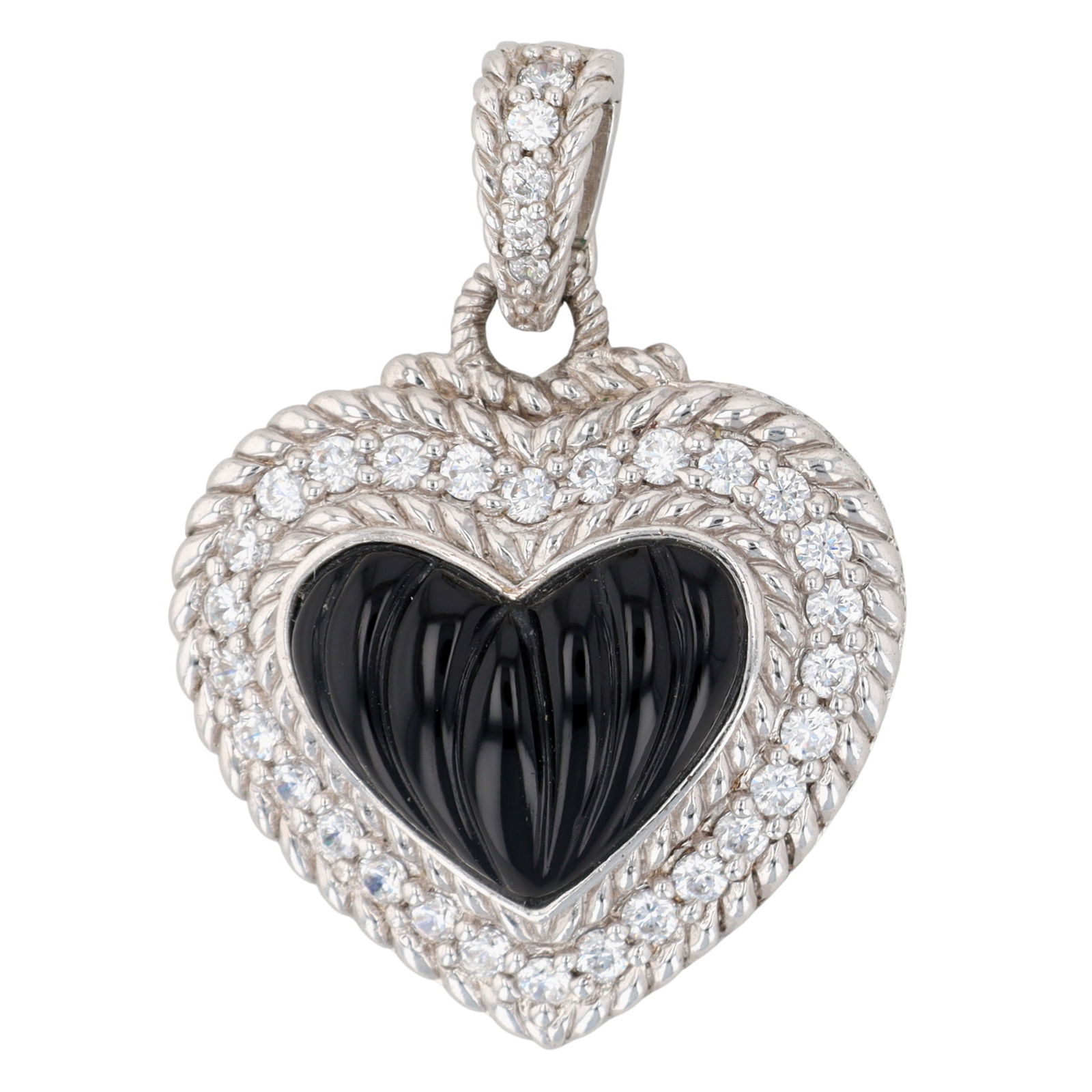 Judith Ripka Sterling Onyx Carved Heart Pendant: Judith Ripka Sterling Onyx and Cubic Zirconia Carved Heart Pendant | 14.5g