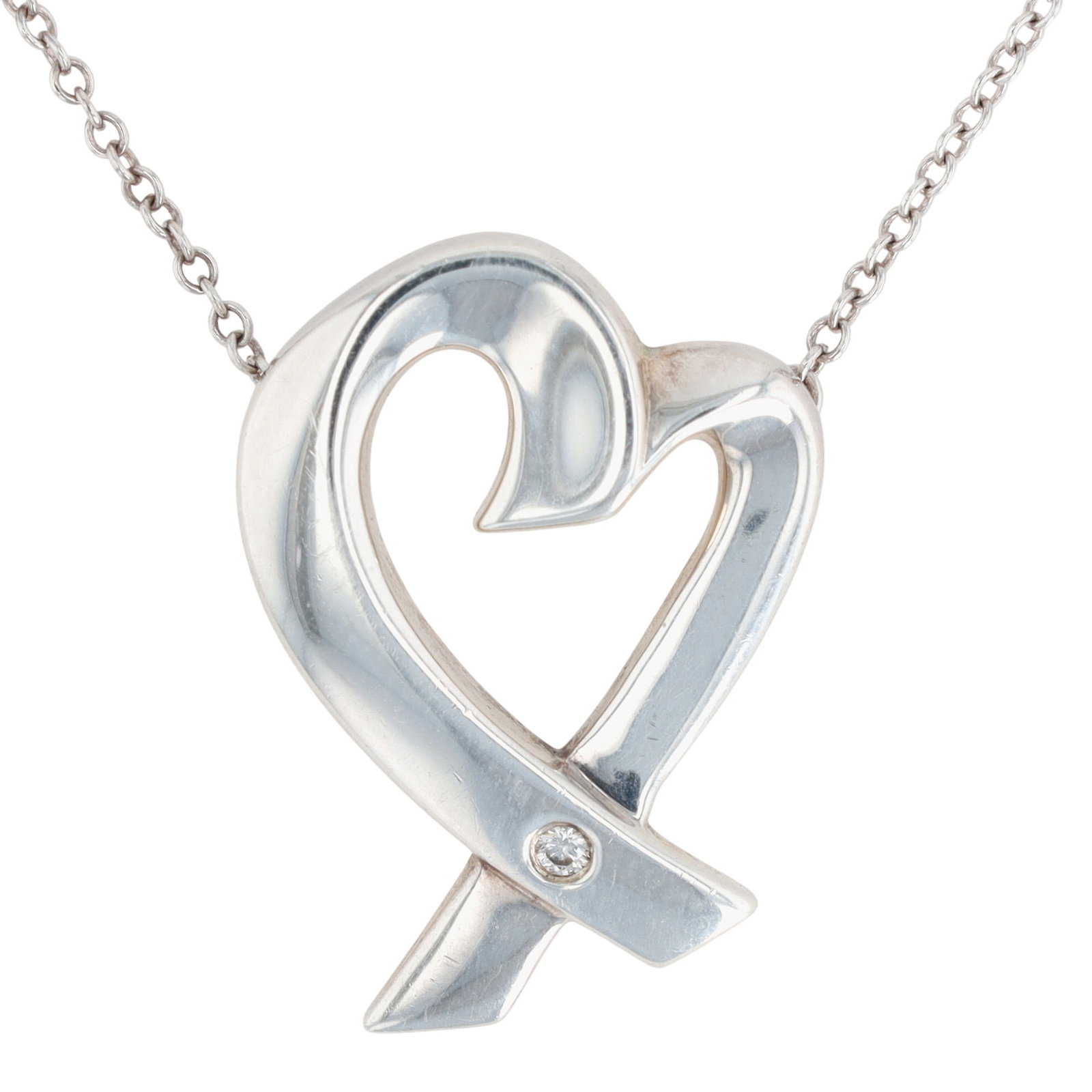 Tiffany & Co. Paloma Picasso Sterling Diamond Loving Heart Necklace: Tiffany & Co. Paloma Picasso Sterling Diamond Loving Heart Necklace | 4.4g | Total Necklace Length (incl. pendant) approx. 19" | Pendant only approx. 21 x 15.3mm | Comes with Tiffany Cloth Pouch as sh