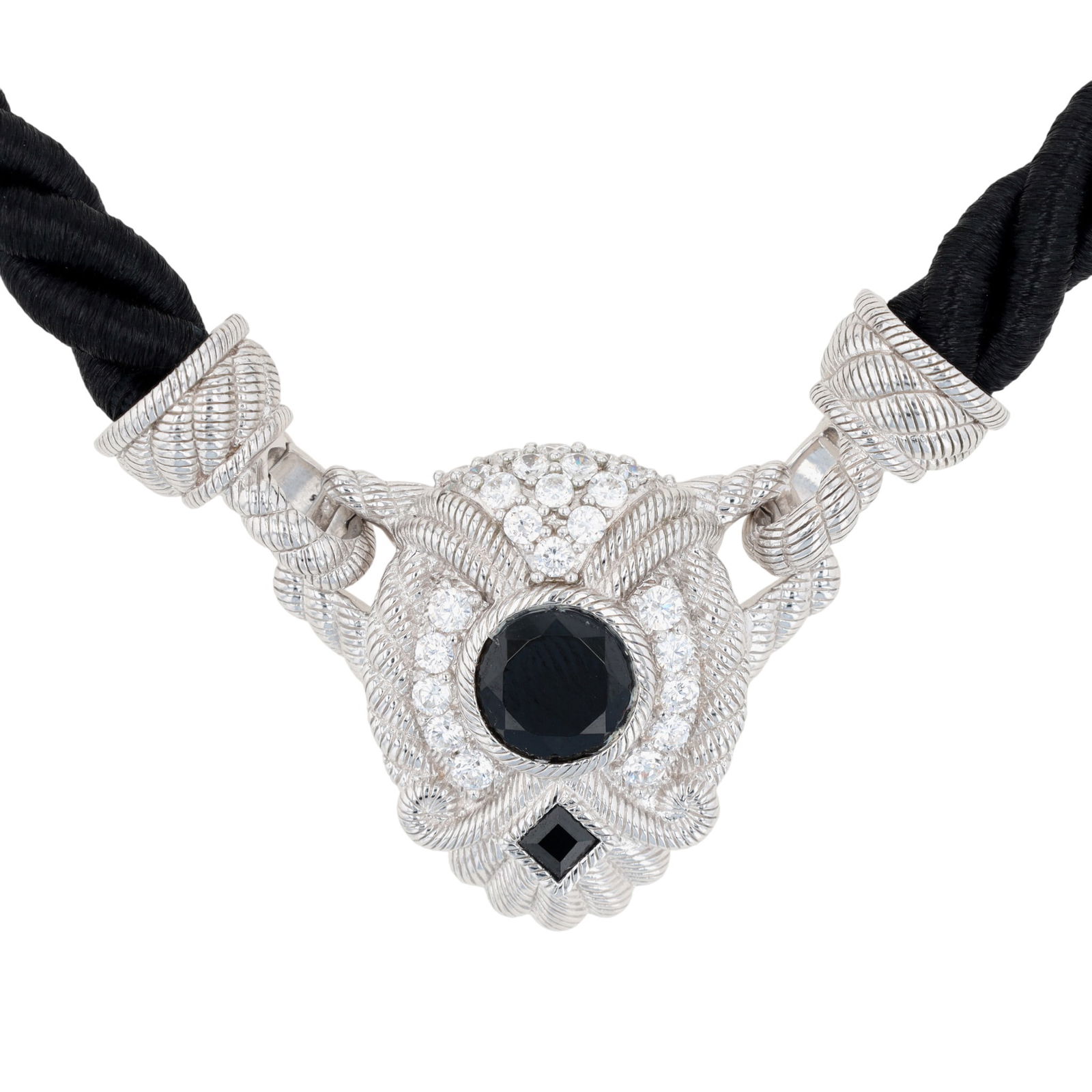 Judith Ripka Sterling Onyx and CZ Silk Cord Necklace: Judith Ripka Sterling Onyx and CZ Silk Cord Necklace | 22.3g | silk cord length only approx 17" | pendant approx 1.1" x 1"