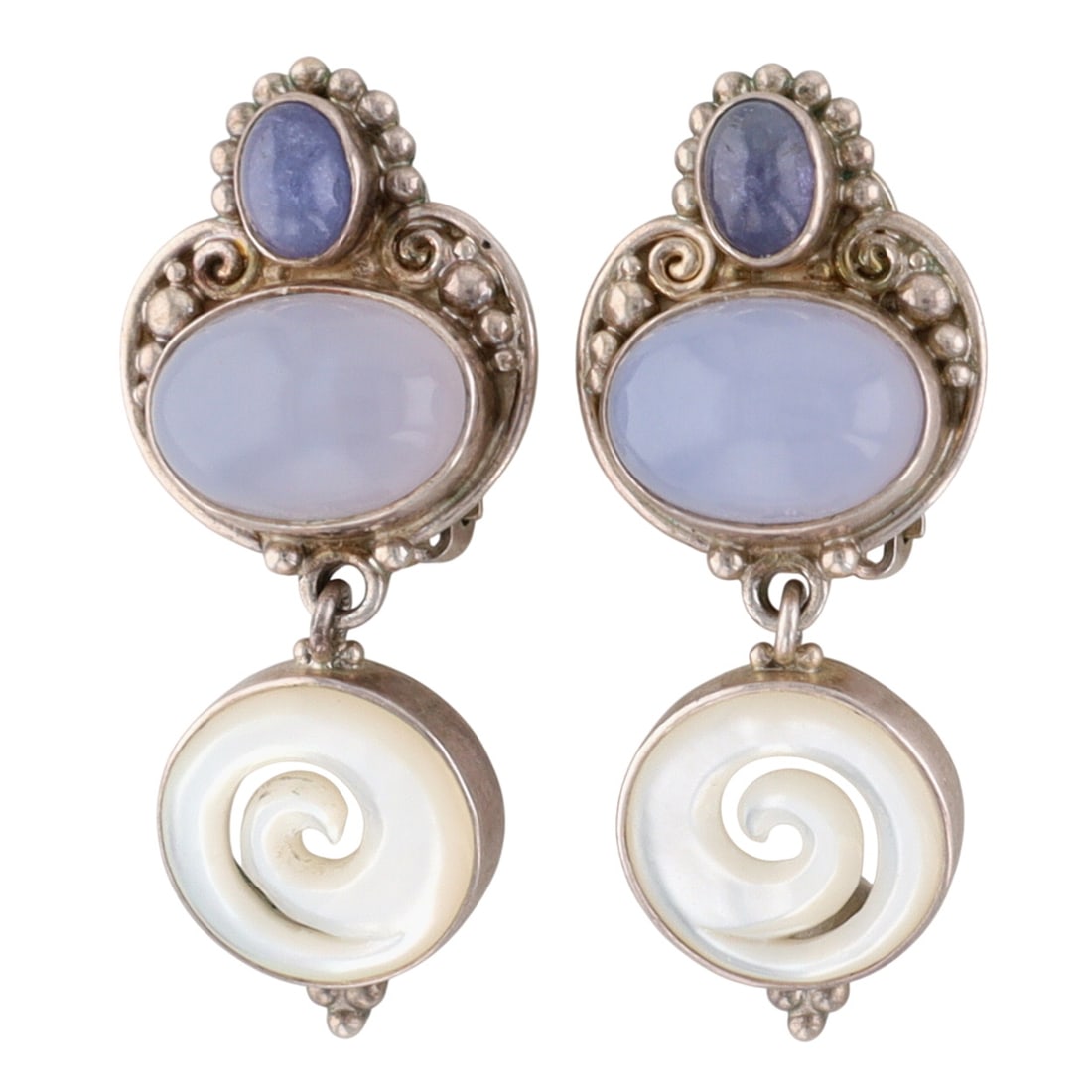 Sajen Sterling Chalcedony Iolite Swirl Earrings: Sajen Sterling Chalcedony, Iolite, Mother of Pearl Swirl Earrings | 20.6g