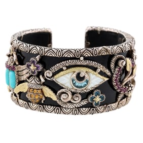 RARE Barbara Bixby Sterling & 18K Gold Multi Gemstone Egyptian Cuff Bracelet