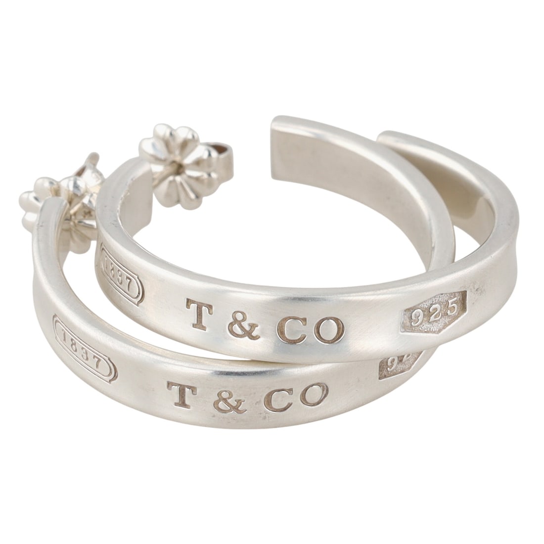 Tiffany & Co. Sterling 1837 Hoop Earrings: Tiffany & Co. Sterling 1837 Hoop Earrings | approx 27.5mm outer diameter | Retail $600 | | Comes with a Tiffany Cloth Pouch as shown