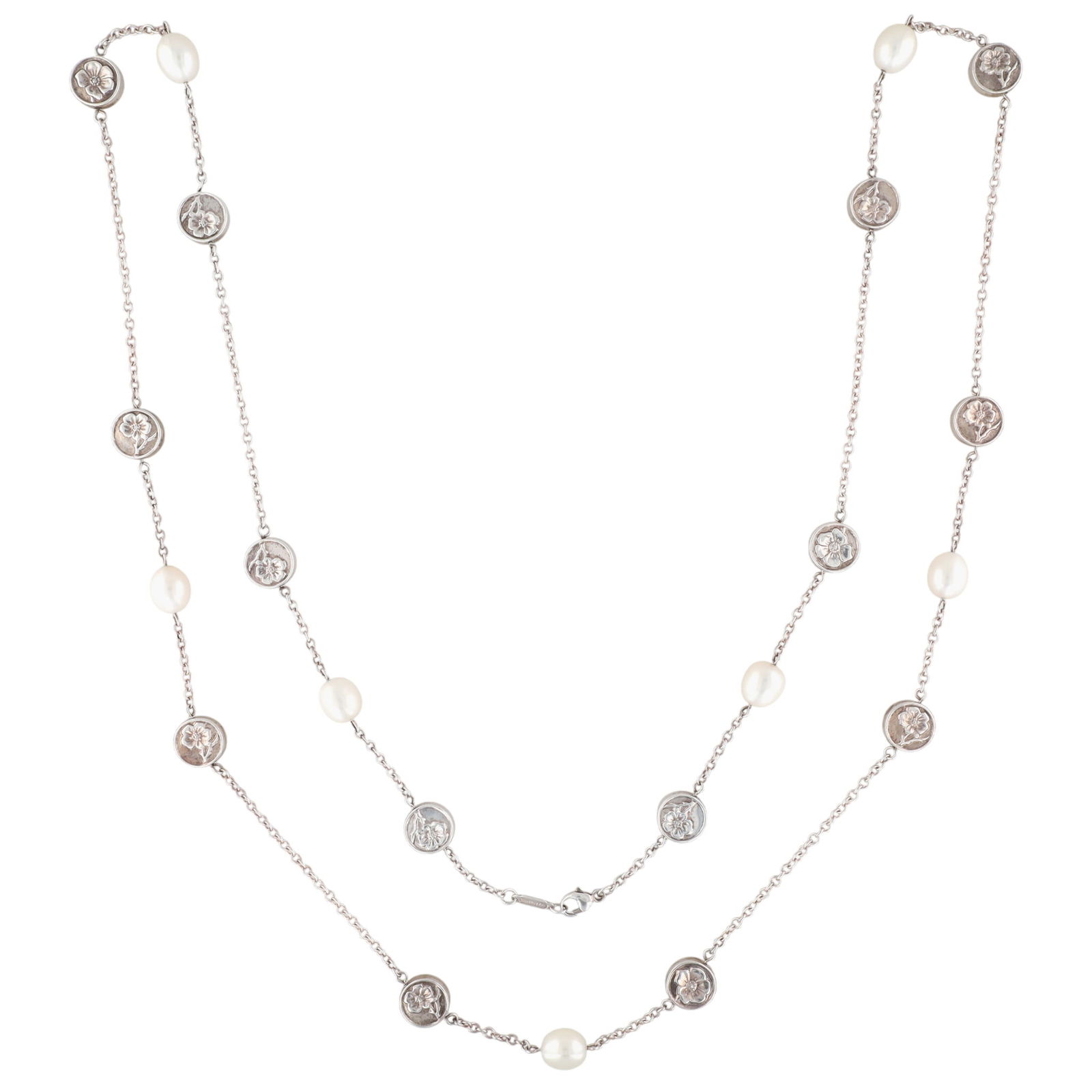 Rare Tiffany & Co. Sterling Nature Rose Pearl Necklace: Rare! Tiffany & Co. Sterling Nature Rose Pearl Necklace | approx 34" length | 41.6g | Comes with a Tiffany Folding Necklace Holder as shown