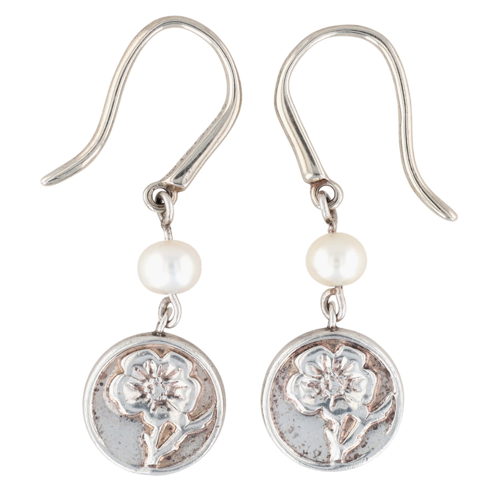 Rare Tiffany & Co. Sterling Nature Rose Pearl Earrings: Rare Tiffany & Co. Sterling Nature Rose Pearl Earrings | 4.2g | Comes with a Tiffany Cloth Pouch as shown