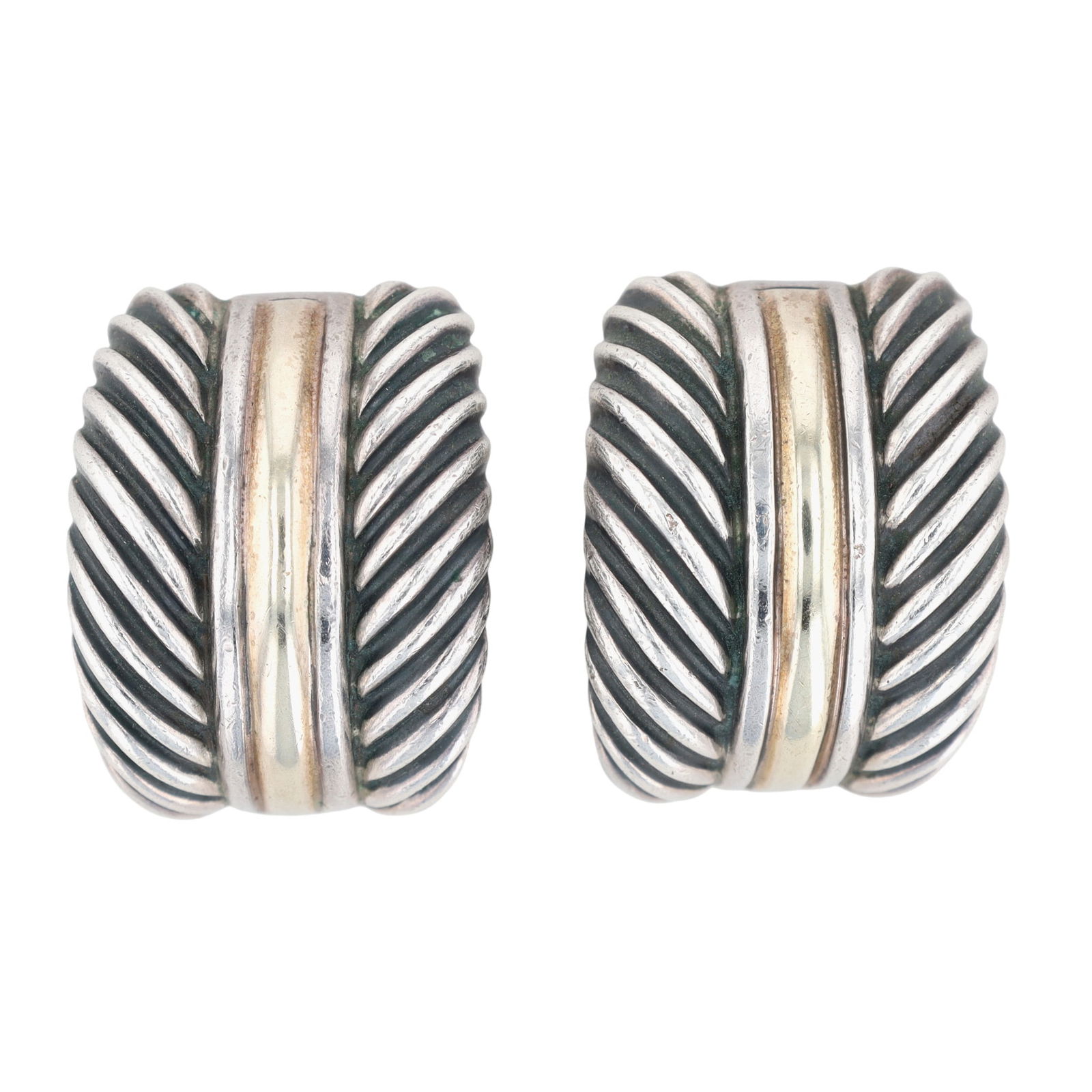 David Yurman Sterling & 14K Gold Thoroughbred Cable Earrings: David Yurman Sterling & 14K Gold Thoroughbred Cable Earrings | 19g | Approx 22mm x 17mm