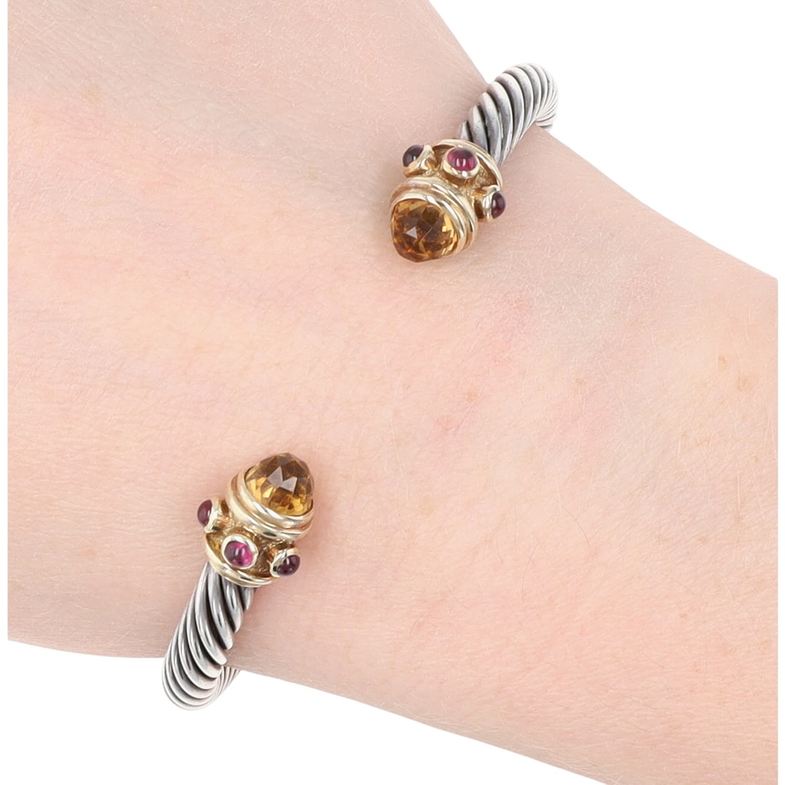 David Yurman Sterling & 14K Gold Citrine Rhodolite Renaissance Cuff Bracelet: David Yurman Sterling & 14K Gold Citrine and Rhodolite Renaissance Cuff Bracelet, approx 5mm | 29g