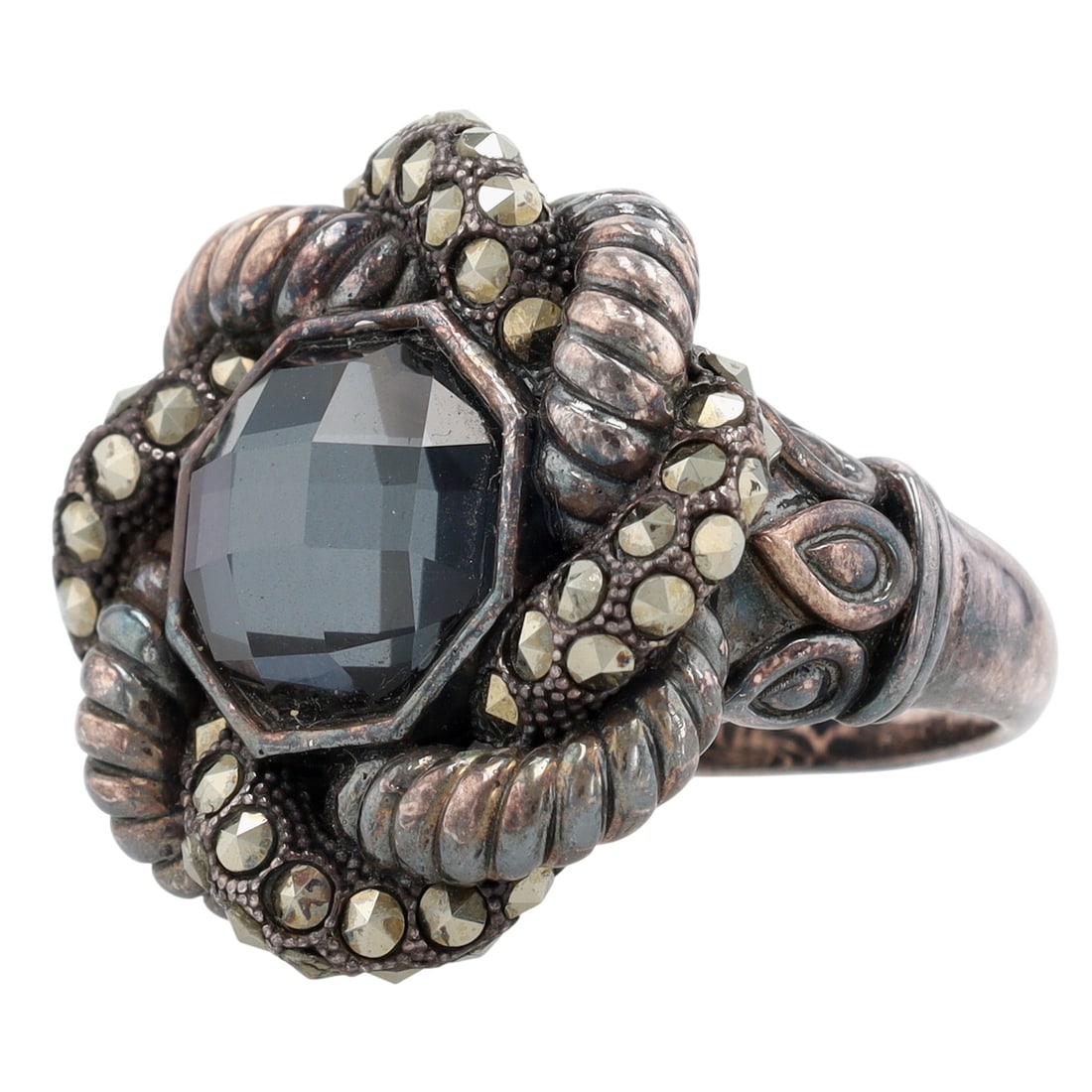 Vintage John Hardy Sterling Hematite Twist Ring Sz 9: Vintage JAI/John Hardy Sterling Hematite Marcasite Twist Ring Sz 9