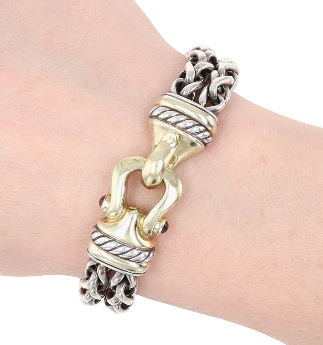 David Yurman Sterling & 14K Gold Rhodolite Double Wheat Chain Buckle Bracelet (1 of 7)