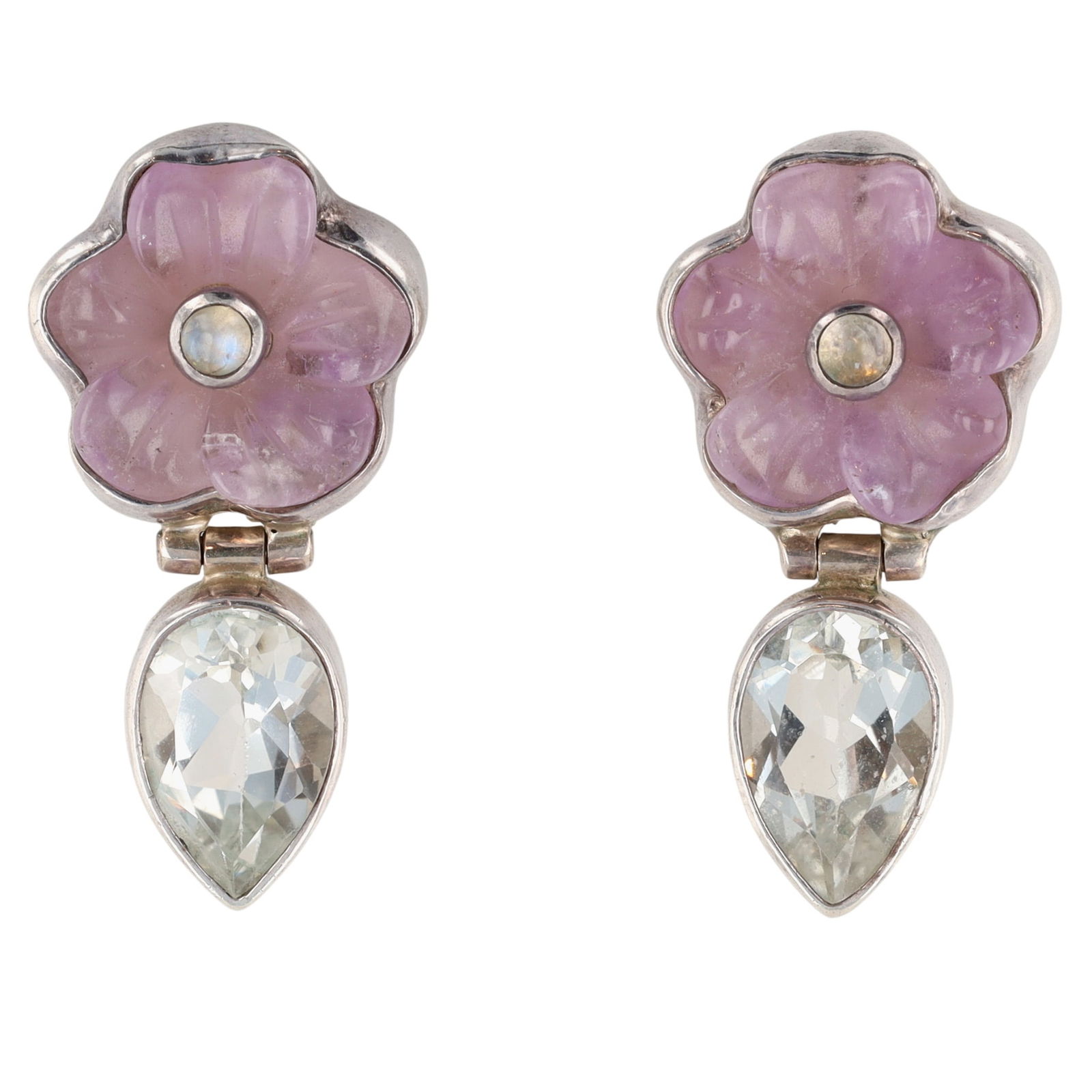 Starborn Sterling Carved Flower Dangle Earrings: Starborn Sterling Multistone (Amethyst, Moonstone, Quartz? or possibly Aquamarine?) Carved Flower Dangle Earrings | 14g