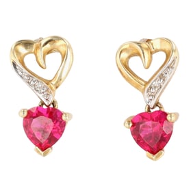 10K Gold Diamond and Ruby Heart Earrings