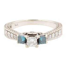 14K White Gold Diamond and Sapphire Ring Sz 8