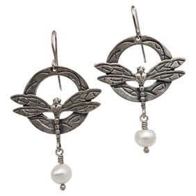 Israel Sterling Pearl Dragonfly Earrings