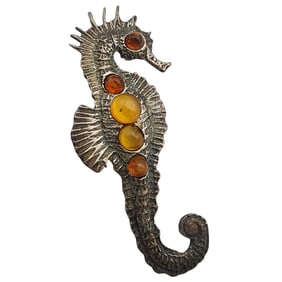 Sterling Amber Seahorse Pendant Brooch