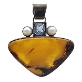 Signed Vintage Sterling Baltic Amber and Topaz Pendant