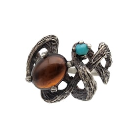 Vintage Sterling Amber and Turquoise Brutalist Ring Sz 7