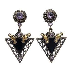 Signed Sterling Amethyst and Marcasite Dangle Earrings