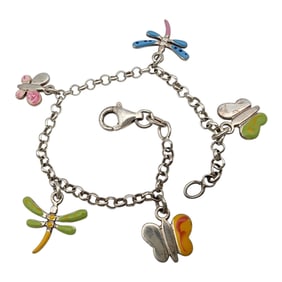 Sterling Colored Butterfly and Dragonfly Charm Bracelet