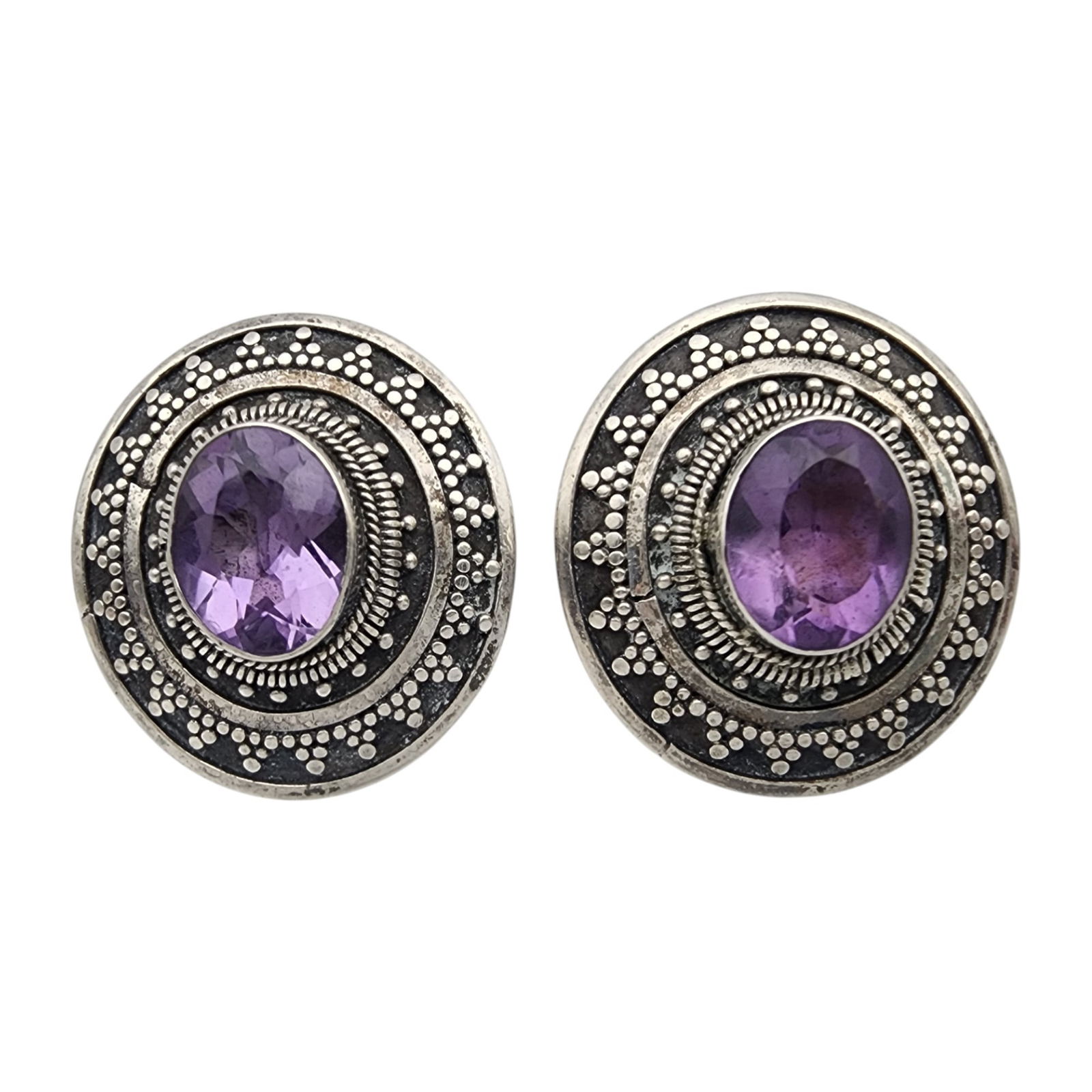 Sterling Amethyst Disc Earrings: Sterling and Amethyst Disc Earrings - 6g