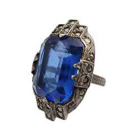 Vintage Art Deco Style Sterling Blue Glass Ring Sz 4.5