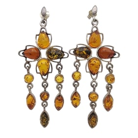 Gorgeous Sterling Multicolor Amber Dangle Earrings