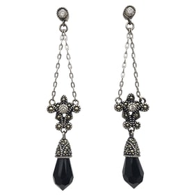 Judith Jack Sterling Marcasite and Onyx Dangle Earrings