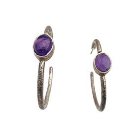 Sterling Amethyst Textured Curved Hoop Earrings