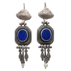 Artisan Signed Sterling Lapis Lazuli Dangle Earrings