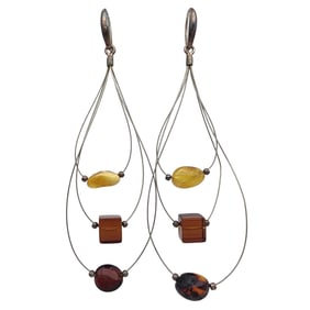 Sterling Multicolor Amber Bead Hoop Earrings