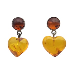 Vintage Poland Sterling Baltic Amber Heart Dangle Earrings