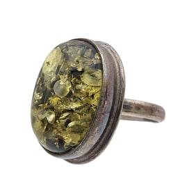 Vintage Sterling Amber Resin Ring Sz 7
