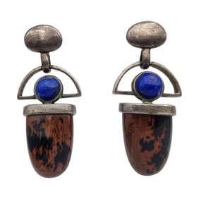 Signed Sterling Mahogany Jasper and Lapis Lazuli Earrings
