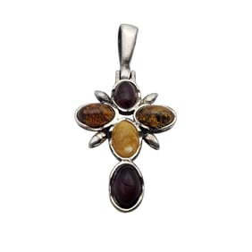Vintage Sterling Multicolor Amber Cross Pendant